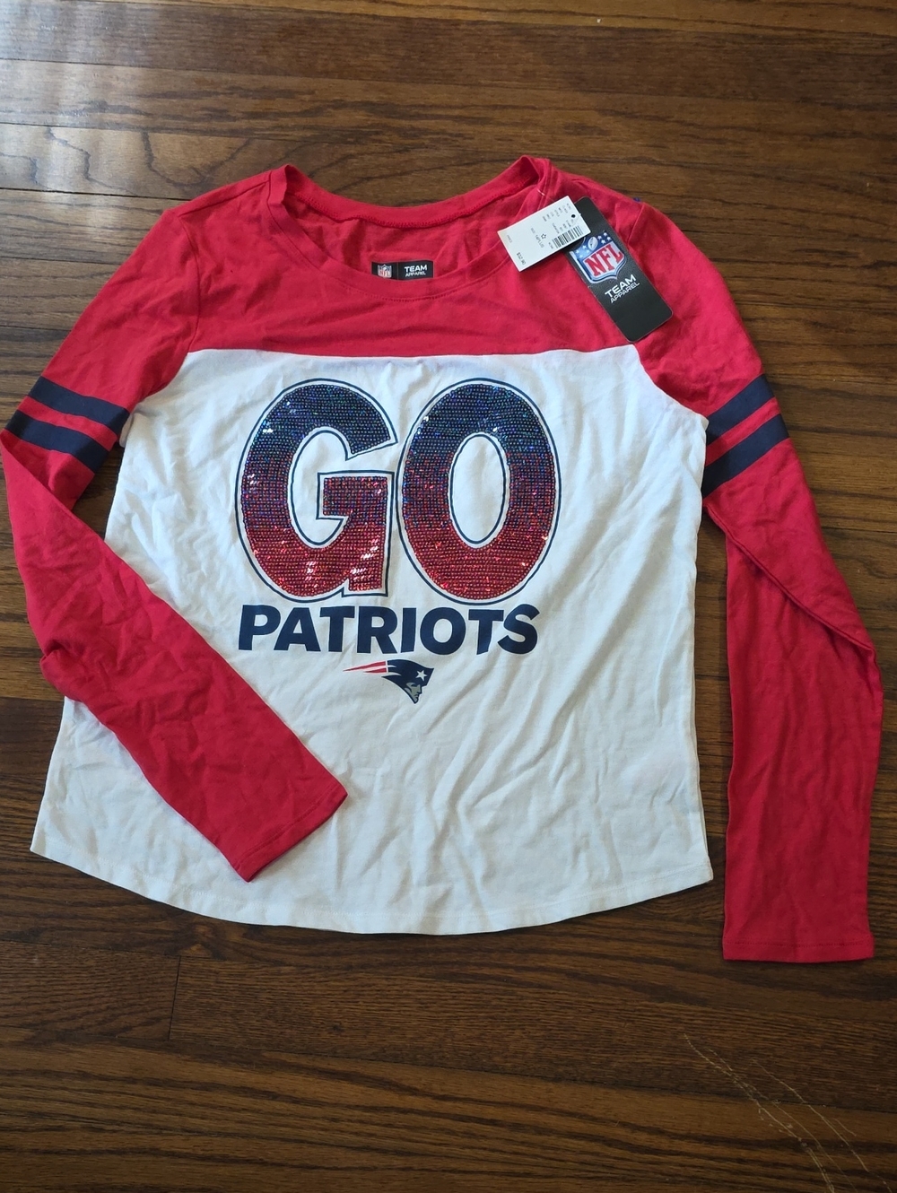 NFL Girls Red & White 'GO Patriots' Sequin Long Sleeve Tee New England Patriots